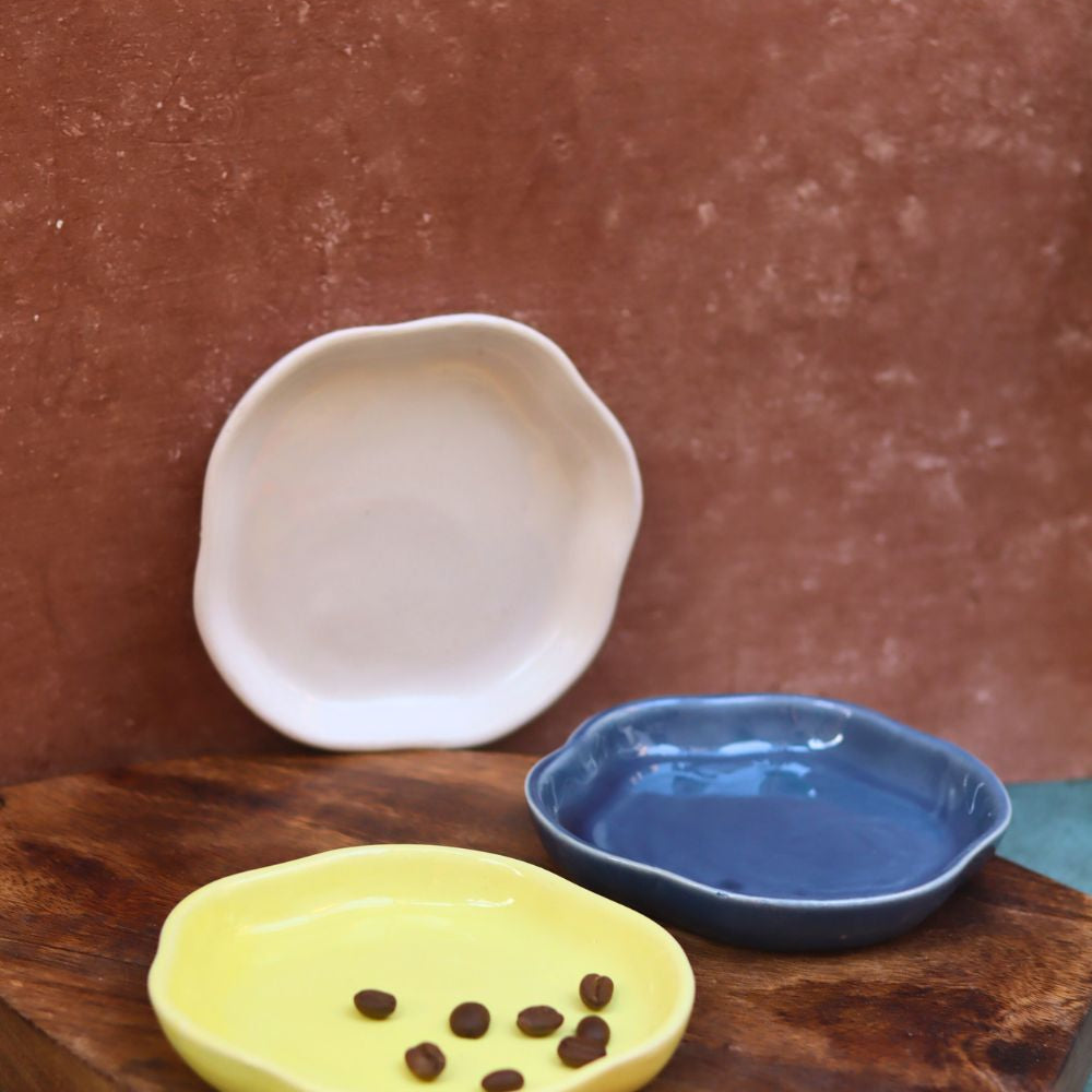 Metallic Blue, Sunshine Yellow & White Handmade Dessert Plate - Set of 3 made by ceramic