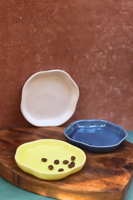 Metallic Blue, Sunshine Yellow & White Handmade Dessert Plate - Set of 3 made by ceramic
