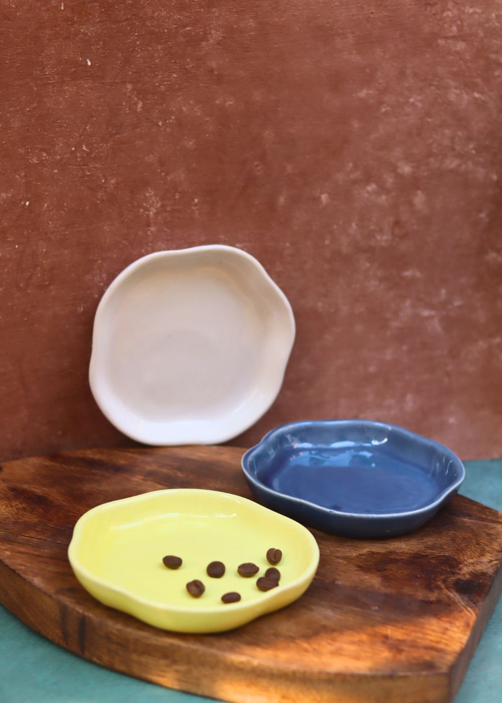 Metallic Blue, Sunshine Yellow & White Handmade Dessert Plate - Set of 3 made by ceramic