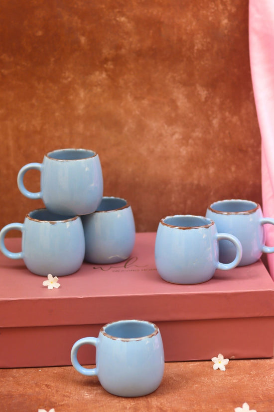 Set of 6 - Sky Blue Ovule Shape Tea Cups in a gift box handmade in India