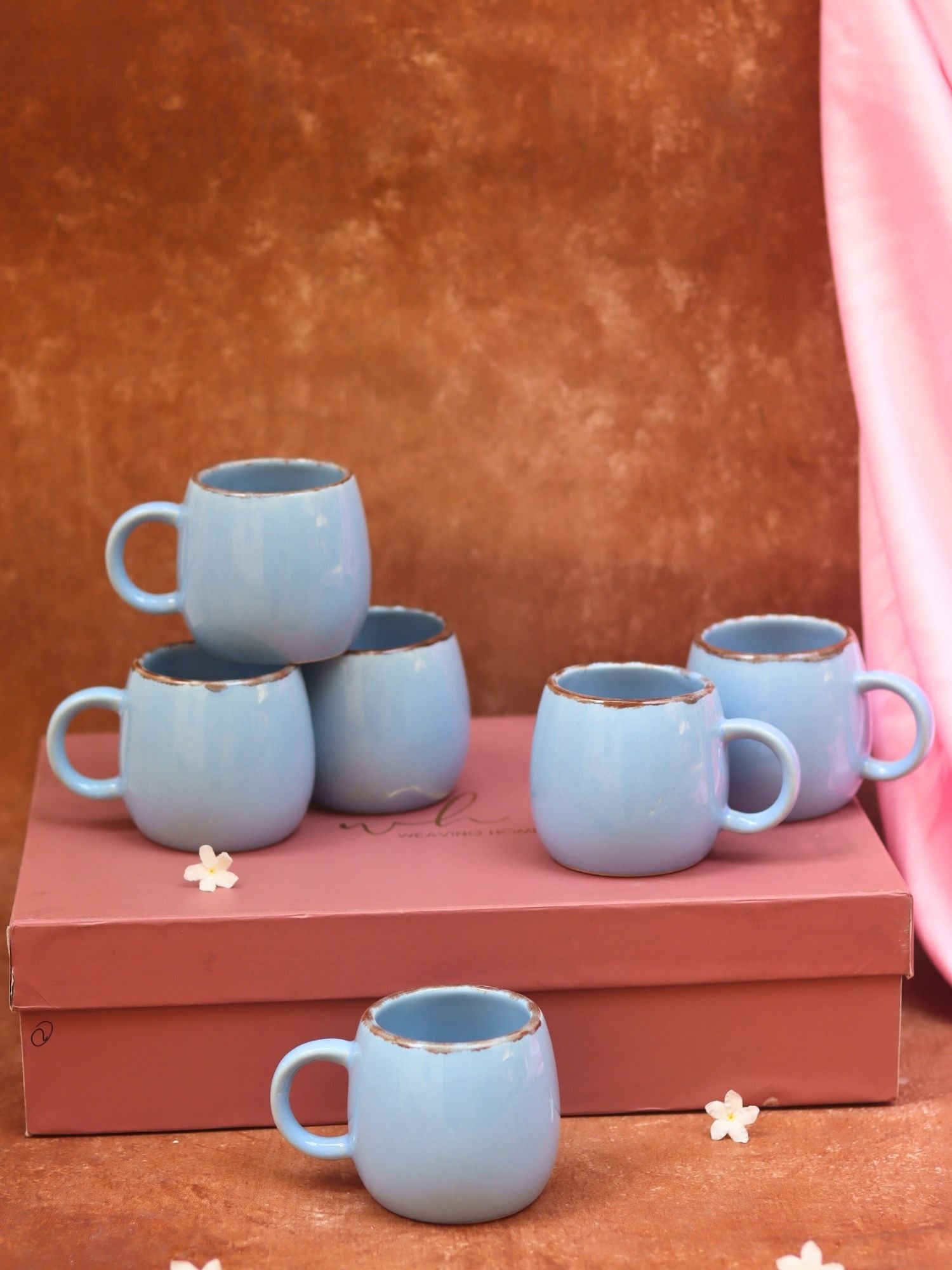 Set of 6 - Sky Blue Ovule Shape Tea Cups in a gift box handmade in India