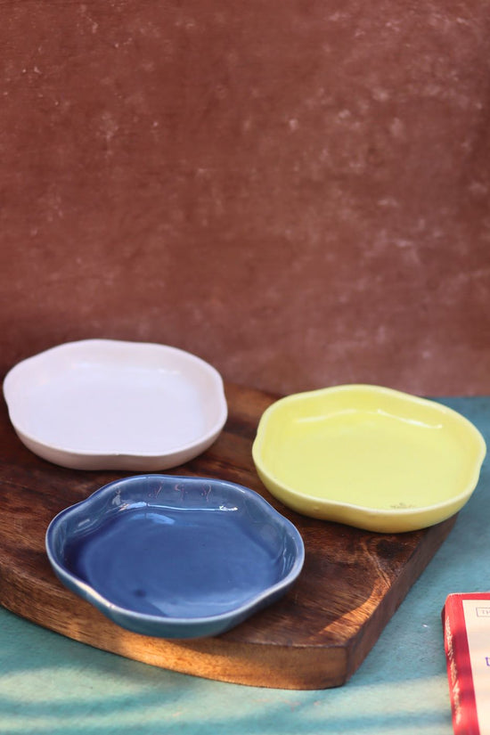 Metallic Blue, Sunshine Yellow & White Handmade Dessert Plate - Set of 3 with premium quality material