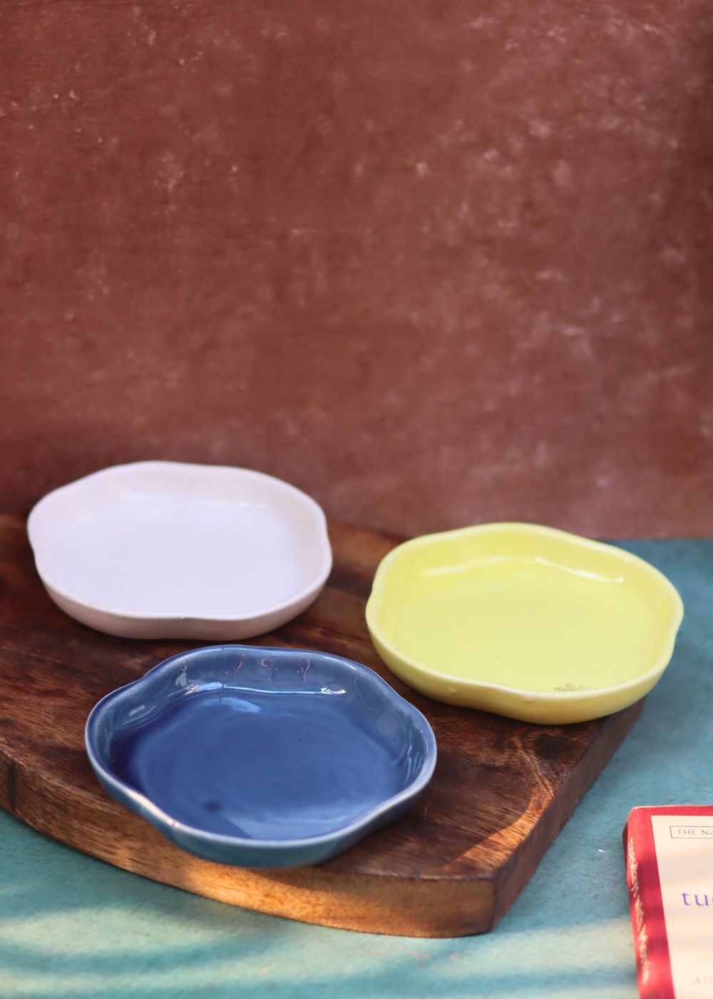 Metallic Blue, Sunshine Yellow & White Handmade Dessert Plate - Set of 3 with premium quality material