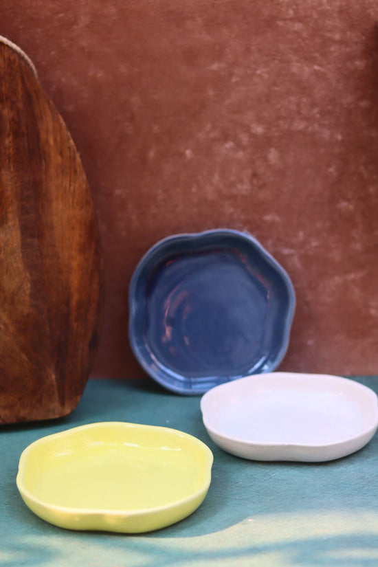 Metallic Blue, Sunshine Yellow & White Handmade Dessert Plate - Set of 3 handmade in INDIA