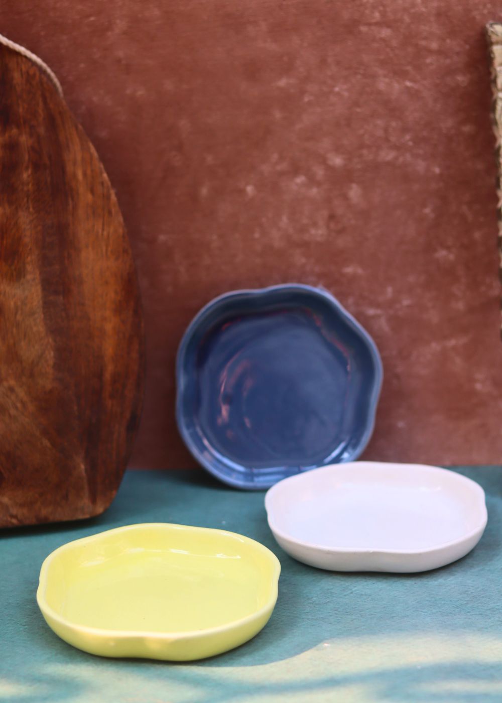 Metallic Blue, Sunshine Yellow & White Handmade Dessert Plate - Set of 3 handmade in INDIA