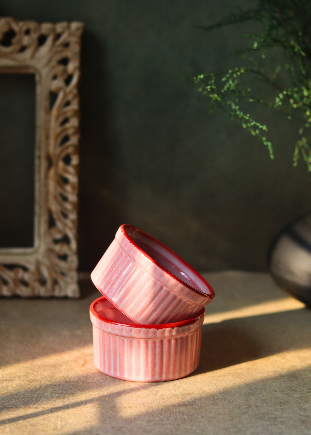 Two solid pink ceramic ramekins 