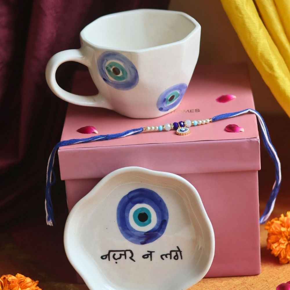 handmade Evil Eye Mug & Evil Eye Dessert Plate Rakhi Gift Box