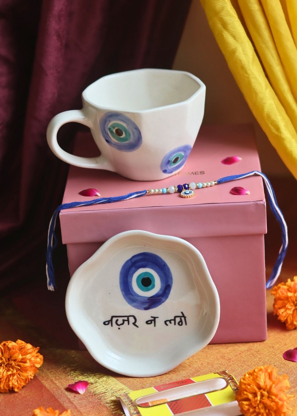 handmade Evil Eye Mug & Evil Eye Dessert Plate Rakhi Gift Box