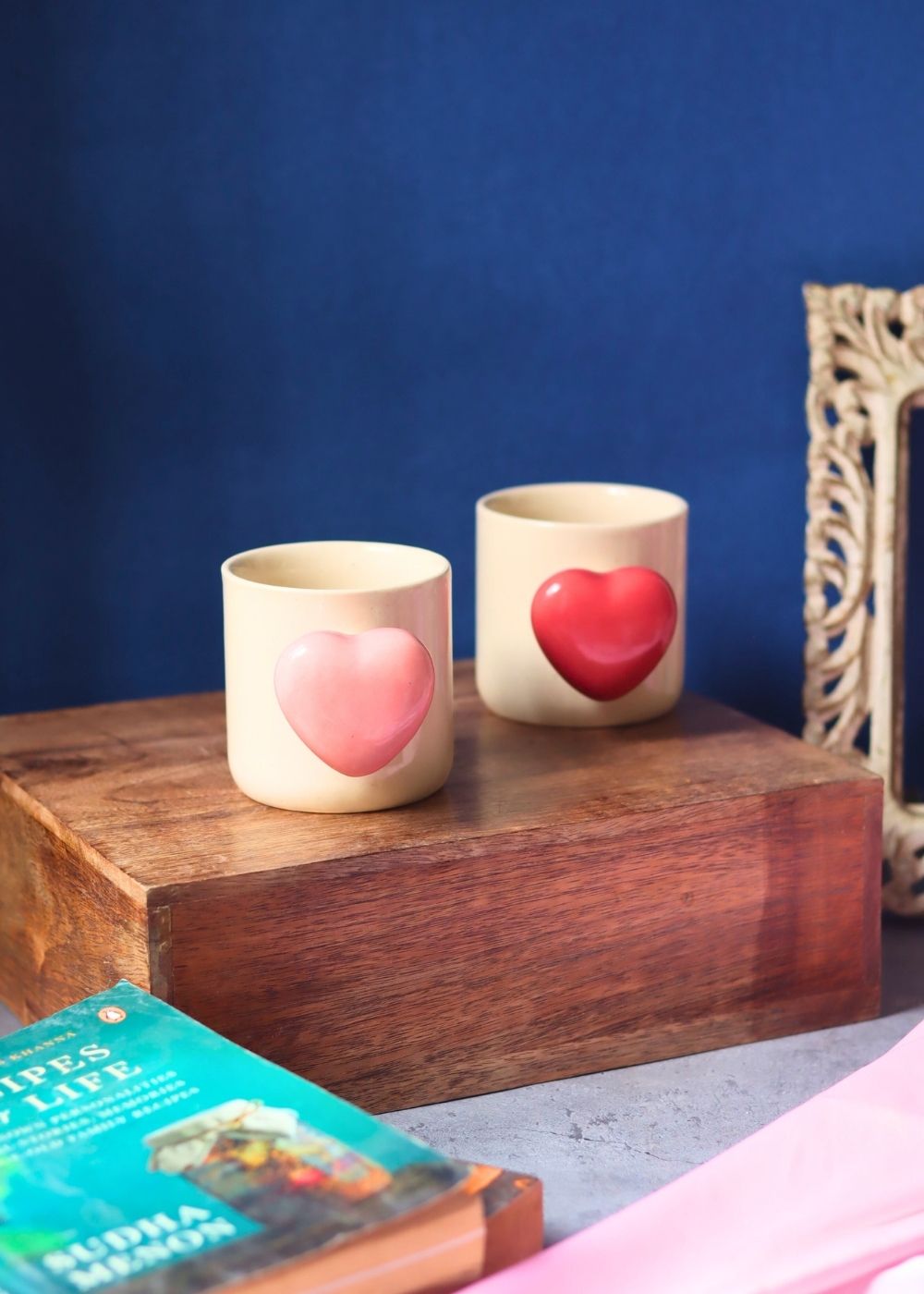 Handmade Set of 2 - Red & Pink Heartbeat Coffee Mugs