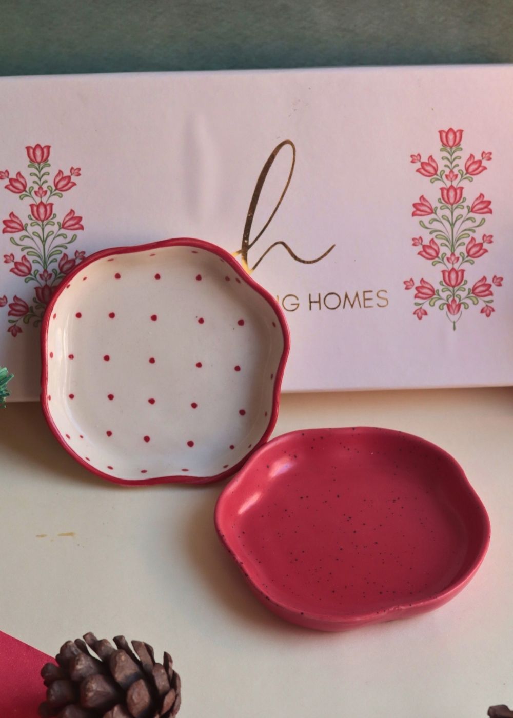 Red Polka & Red Handmade Dessert plate in a Gift Box handmade in india