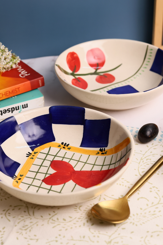handmade two blue check bowls set combo