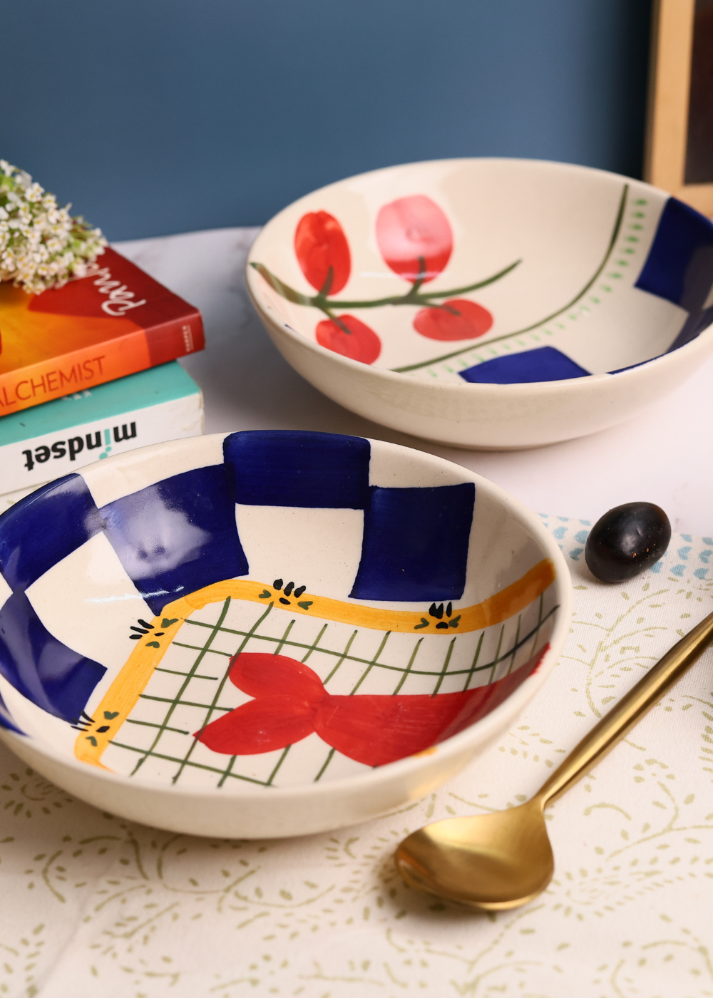 handmade two blue check bowls set combo