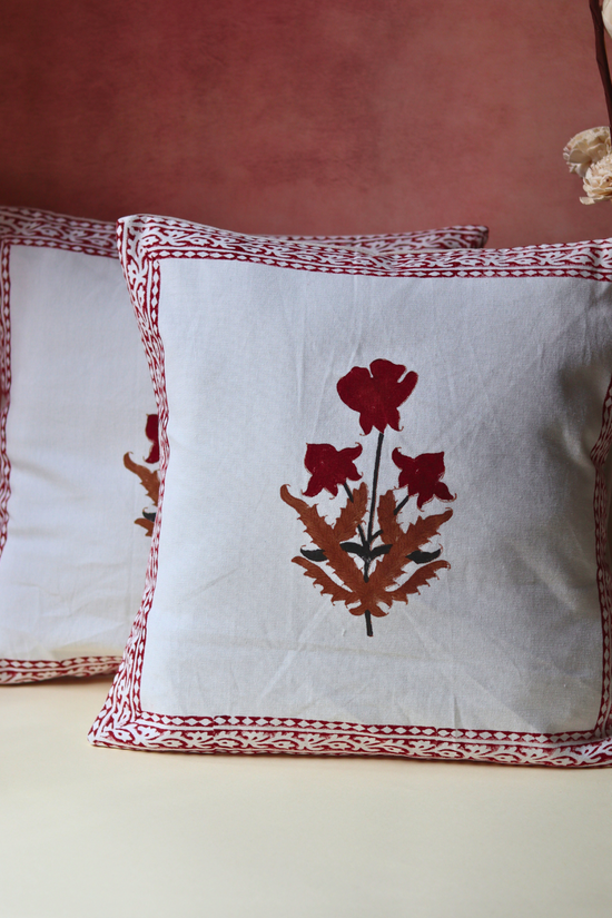 Maroon floral block printed cushion covers 