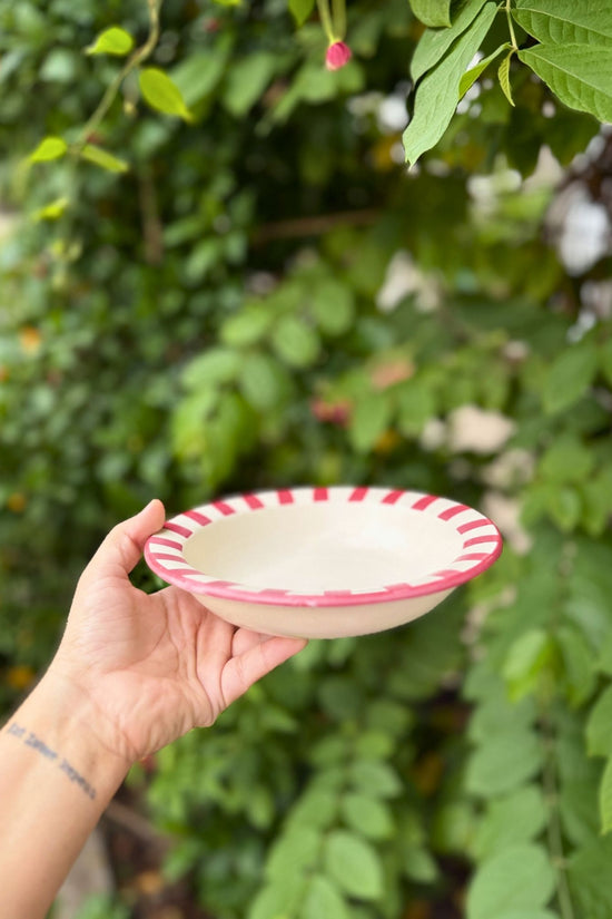 Red striped pasta plate handmade in India