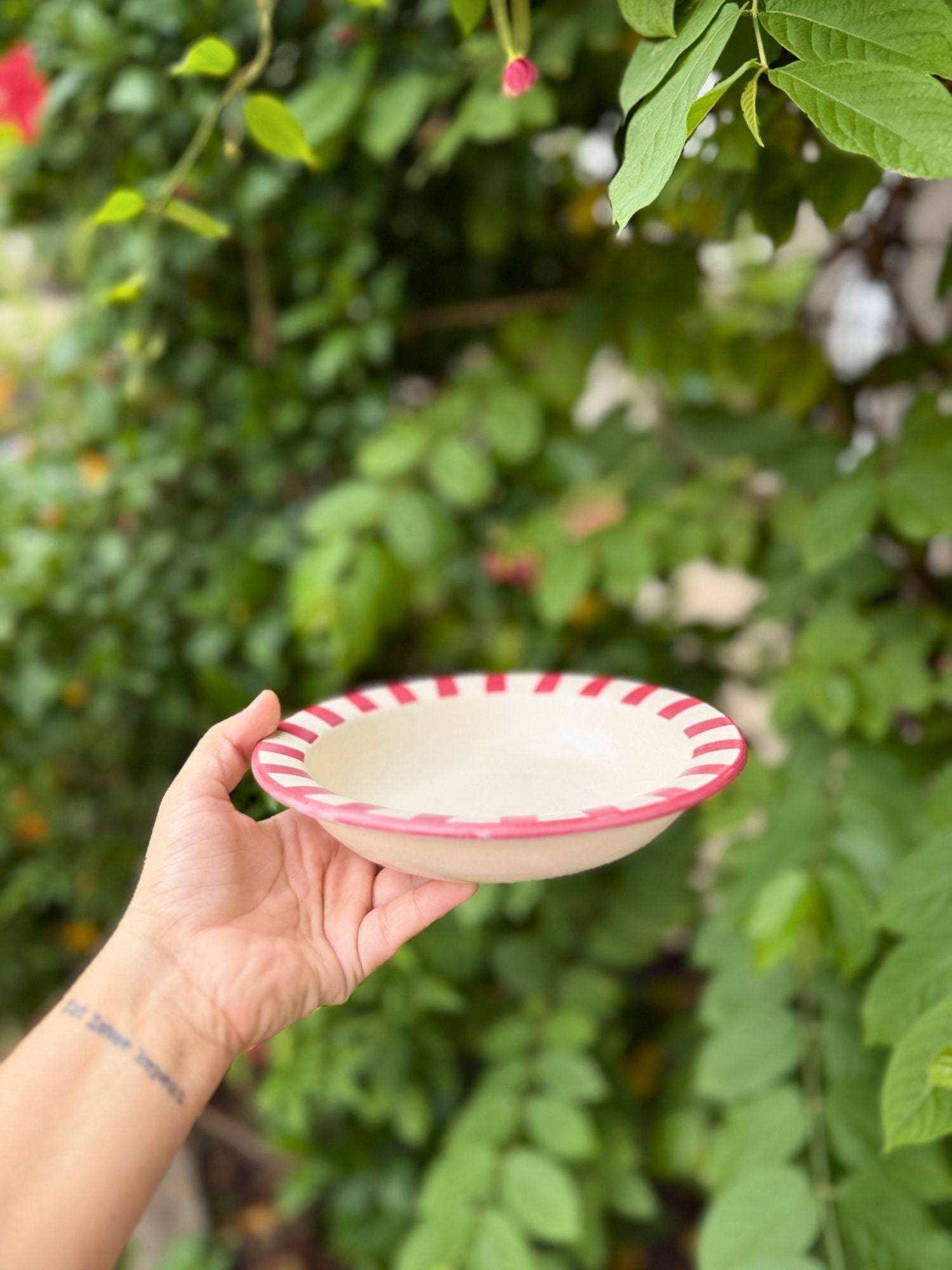 Red striped pasta plate handmade in India