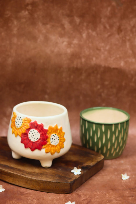 Floral Bliss & Etching Green planter made by ceramic