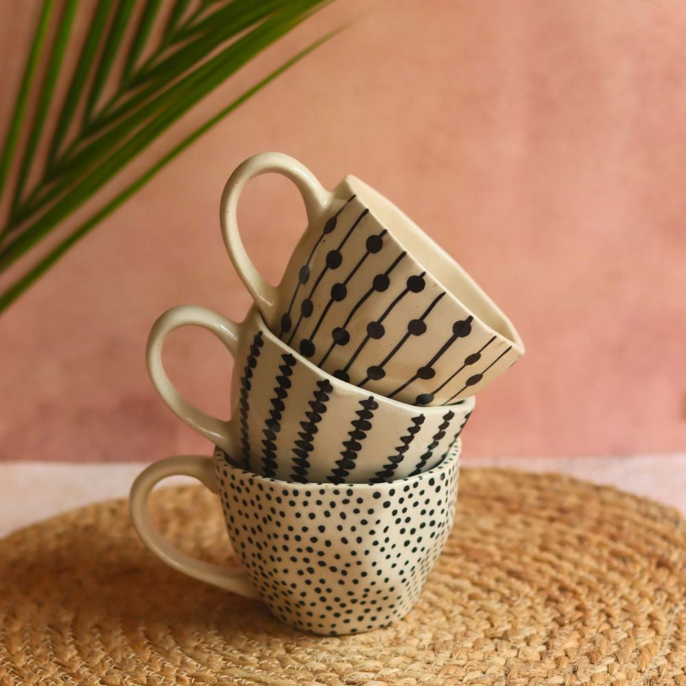 handmade Black Patterned Mugs - Set of three