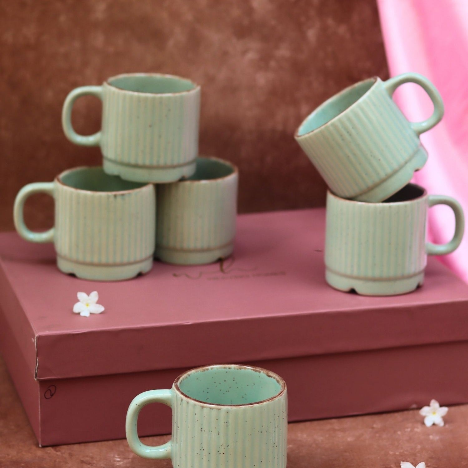 Set of 6 - Mint Bliss Tea Cups in a gift box made by ceramic