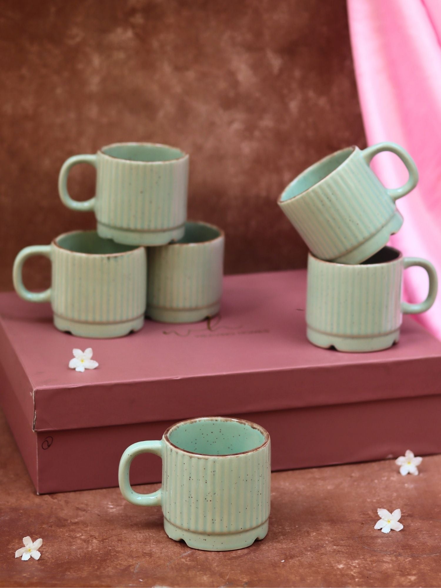 Set of 6 - Mint Bliss Tea Cups in a gift box made by ceramic