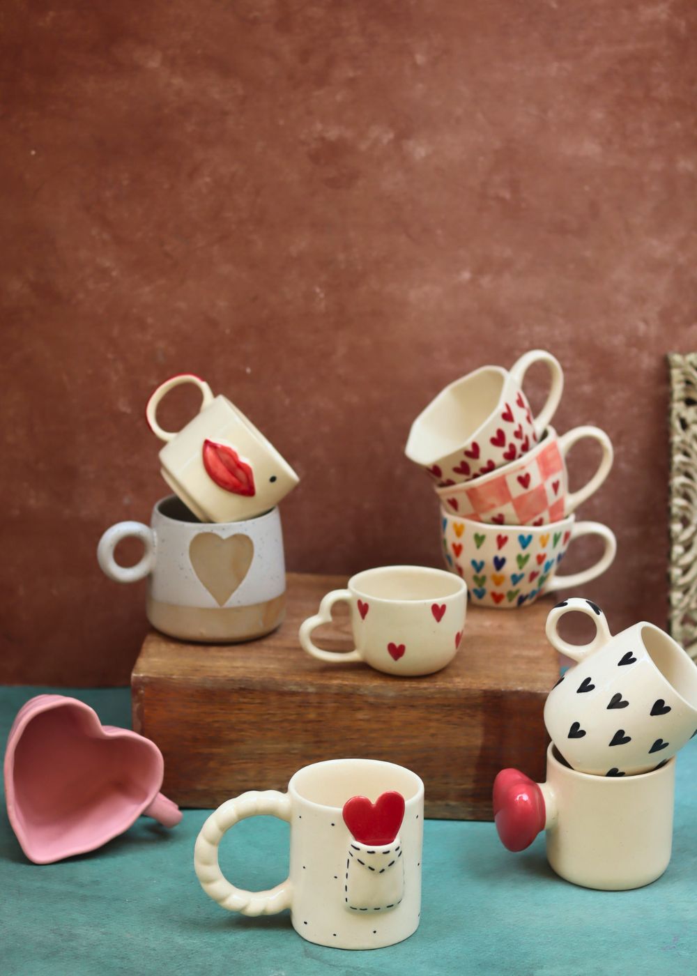 Set of 10 Sweet Heart Mugs Combo (for the price of 7) handmade in India