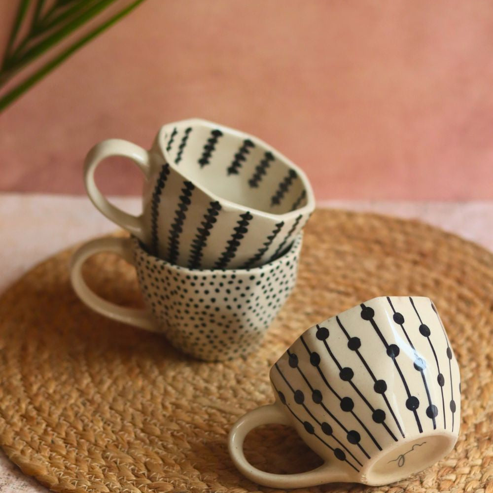 Black Patterned Mugs - Set of three made by ceramic