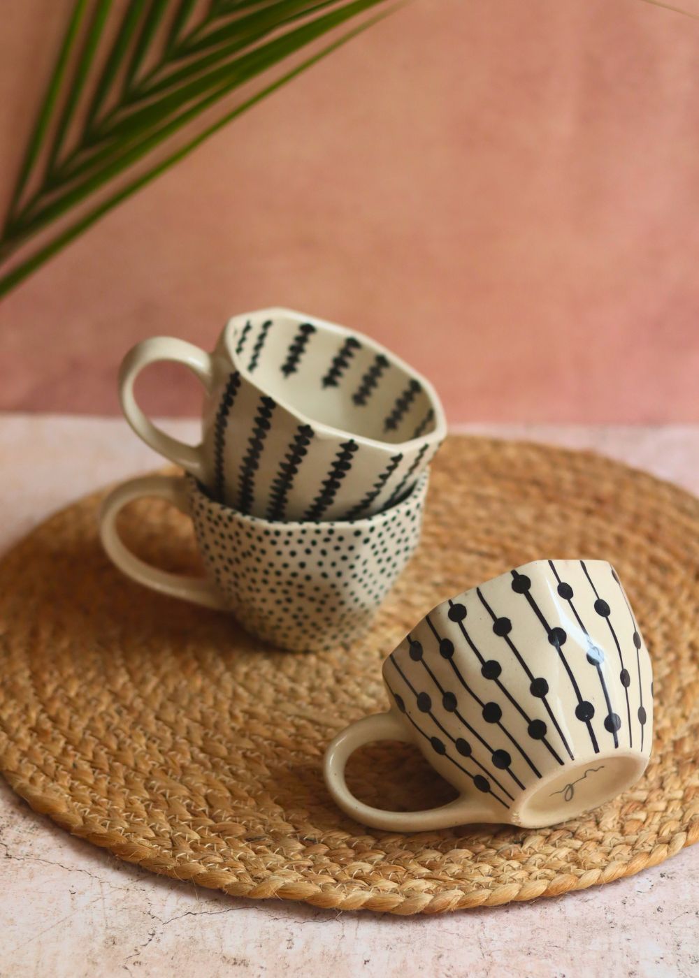 Black Patterned Mugs - Set of three made by ceramic