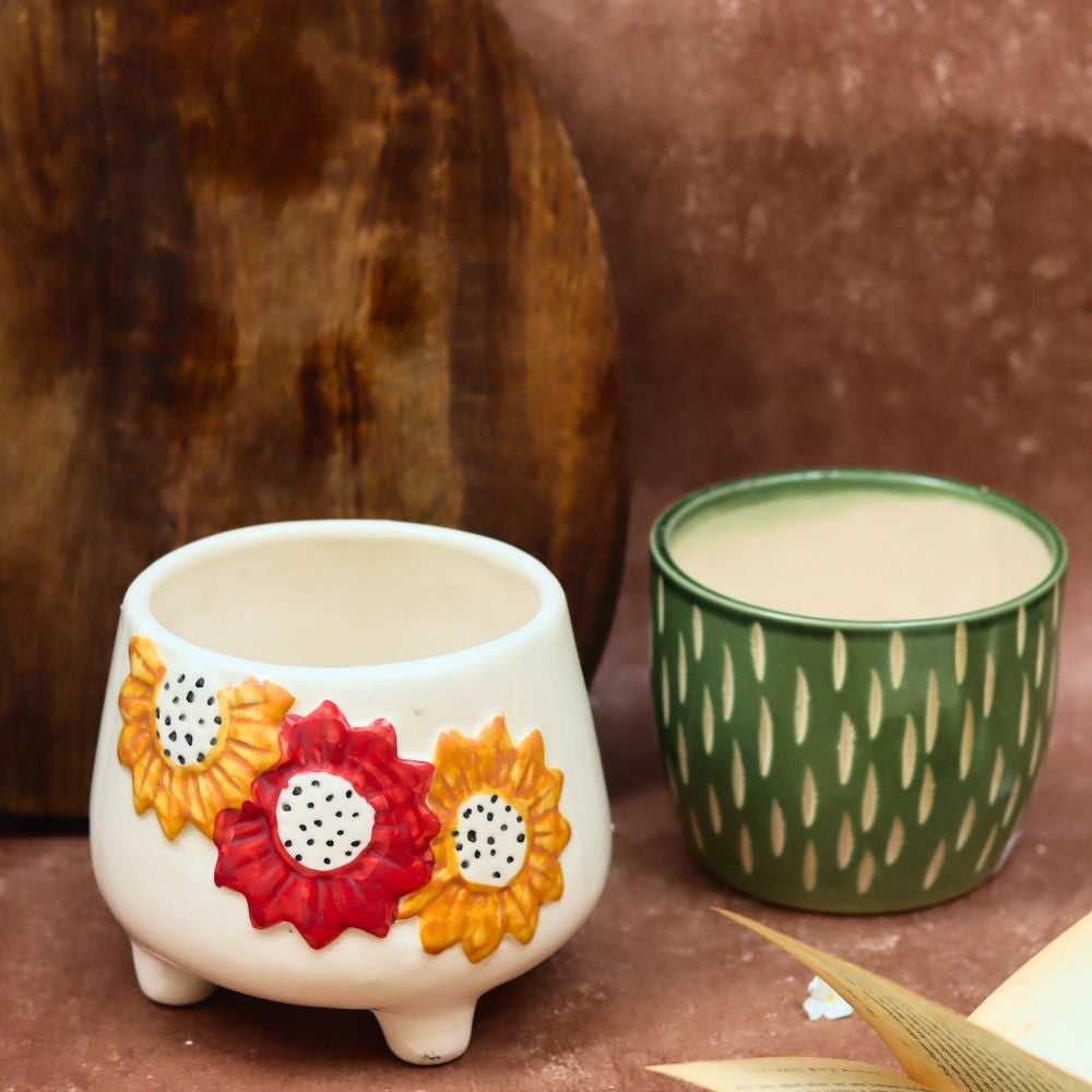 Floral Bliss & Etching Green planter handmade in india