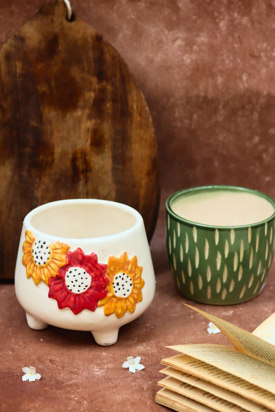 Floral Bliss & Etching Green planter handmade in india