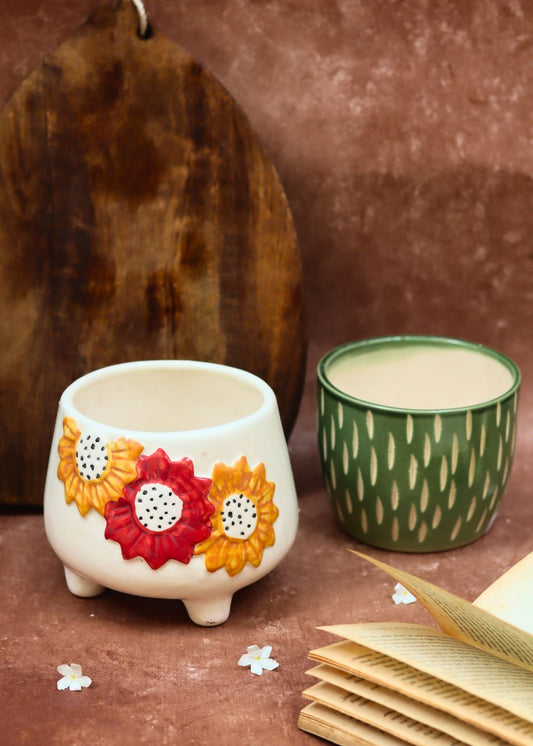 Floral Bliss & Etching Green planter handmade in india