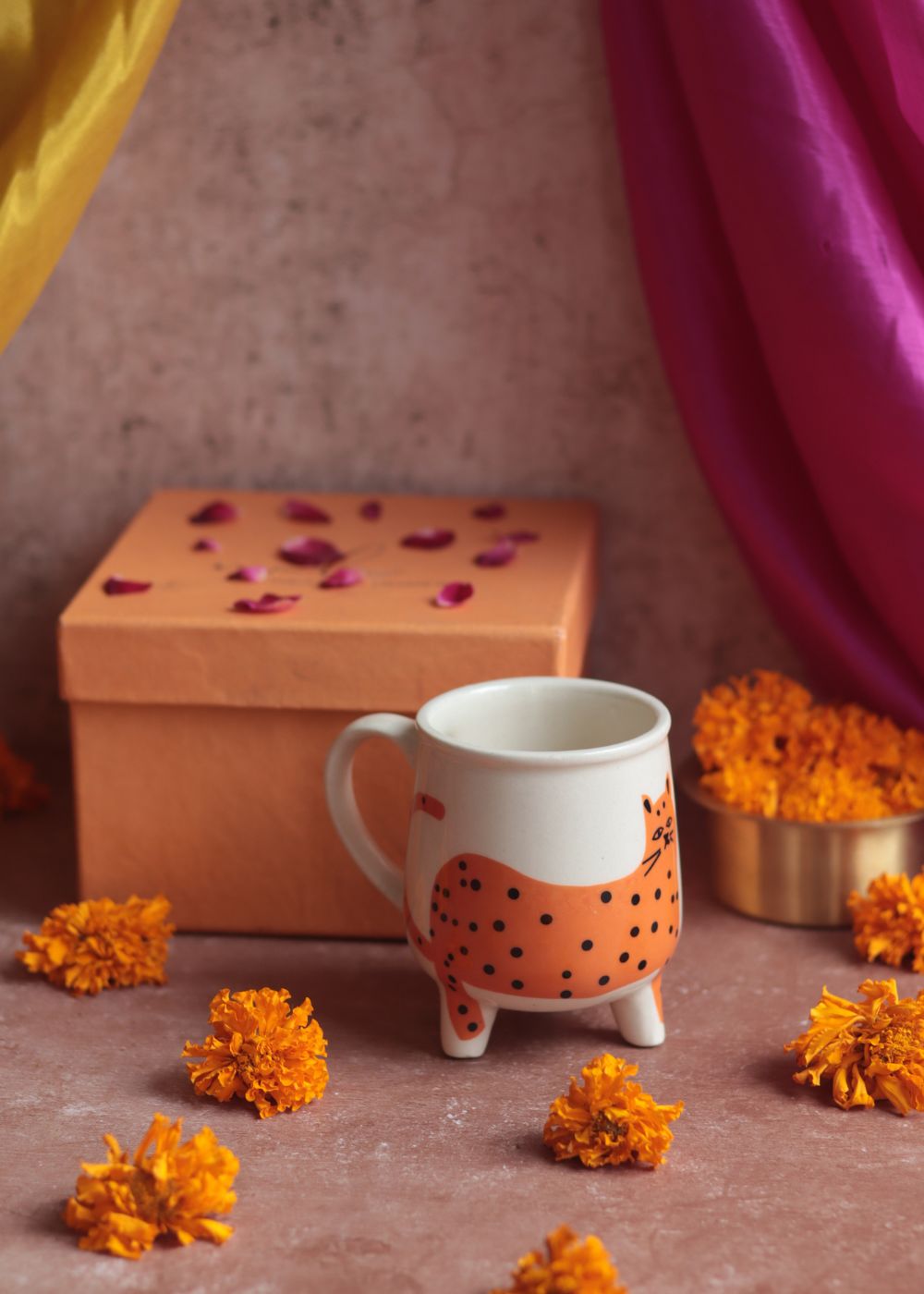 Handmade Cat Mug - Orange Diwali Gift Box