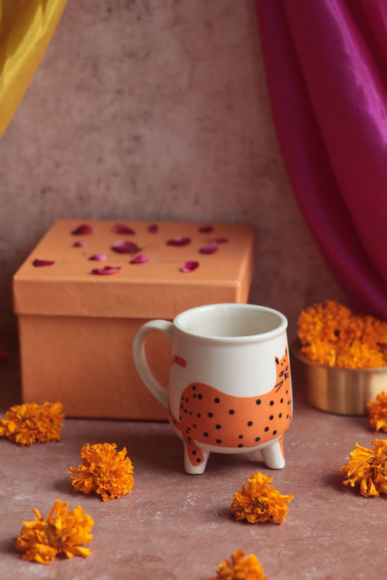 Handmade Cat Mug - Orange Diwali Gift Box