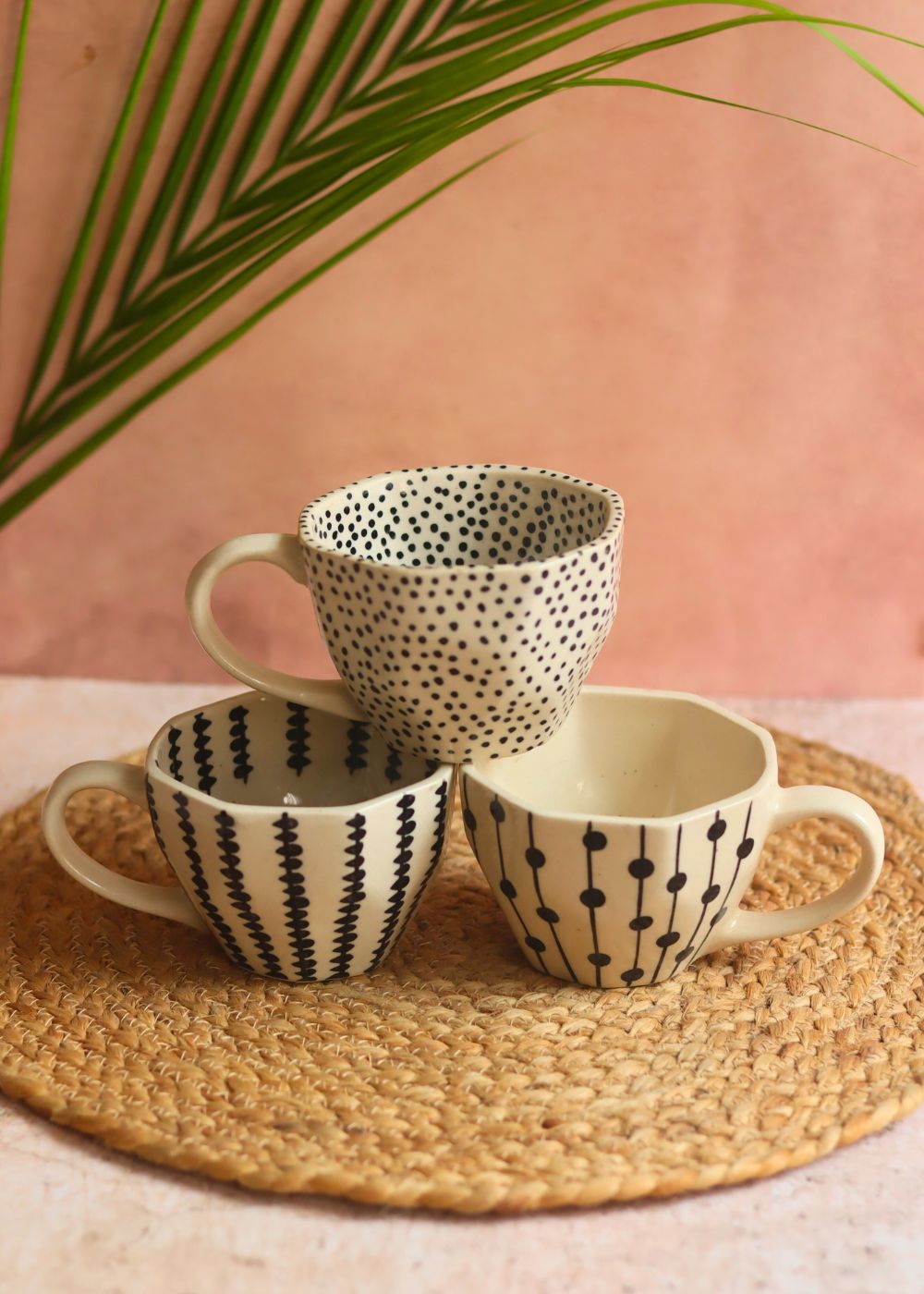 Black Patterned Mugs - Set of three handmade in india