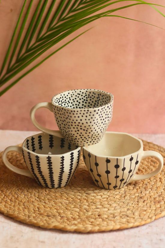 Black Patterned Mugs - Set of three handmade in india
