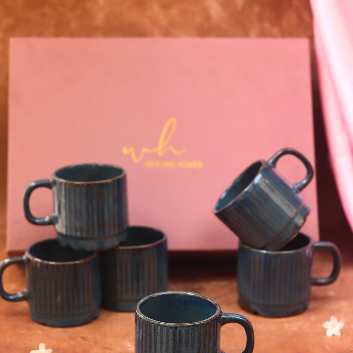 Handmade Set of 6 - Deep Sea Blue Tea Cups in a gift box