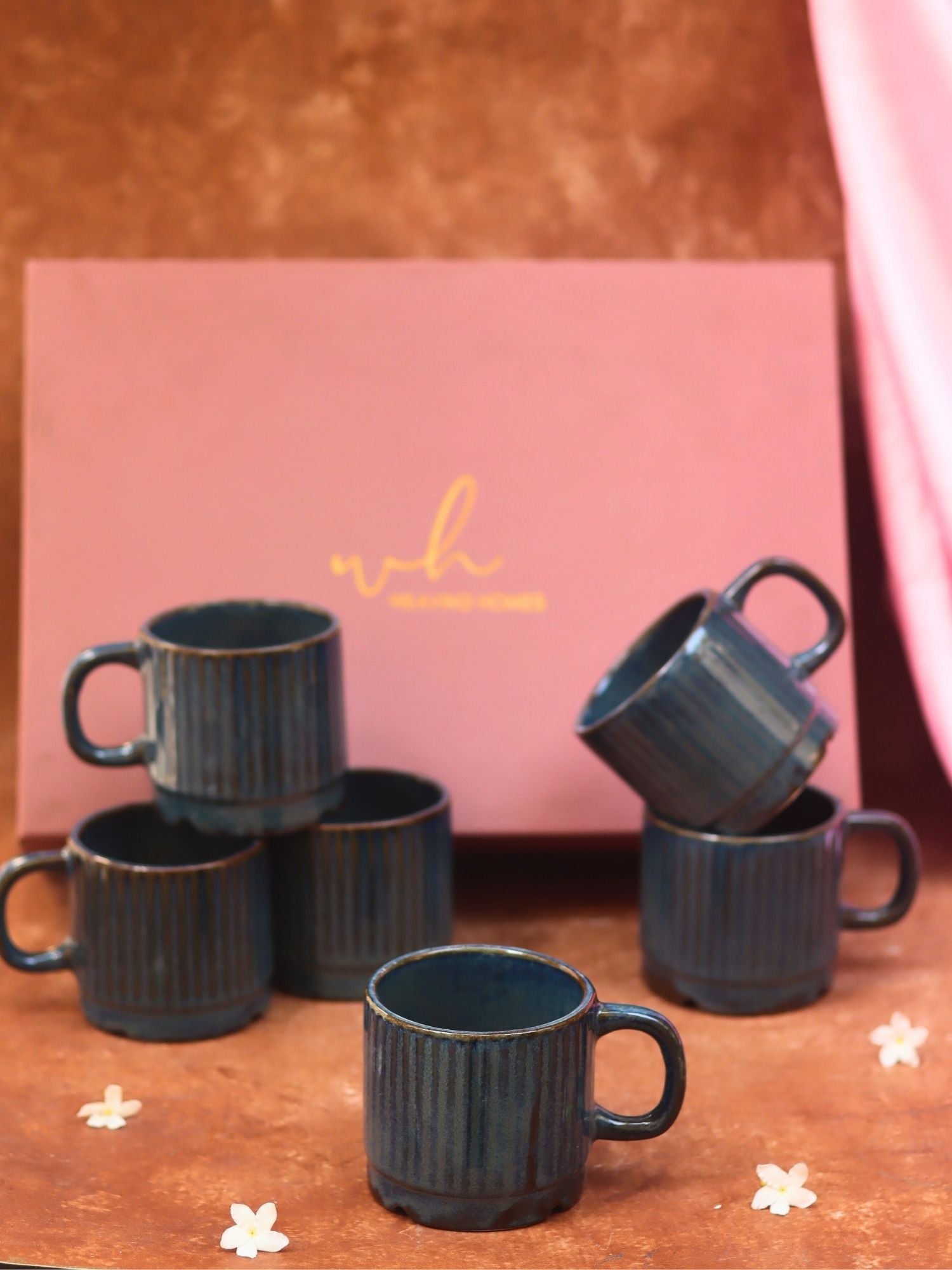 Handmade Set of 6 - Deep Sea Blue Tea Cups in a gift box