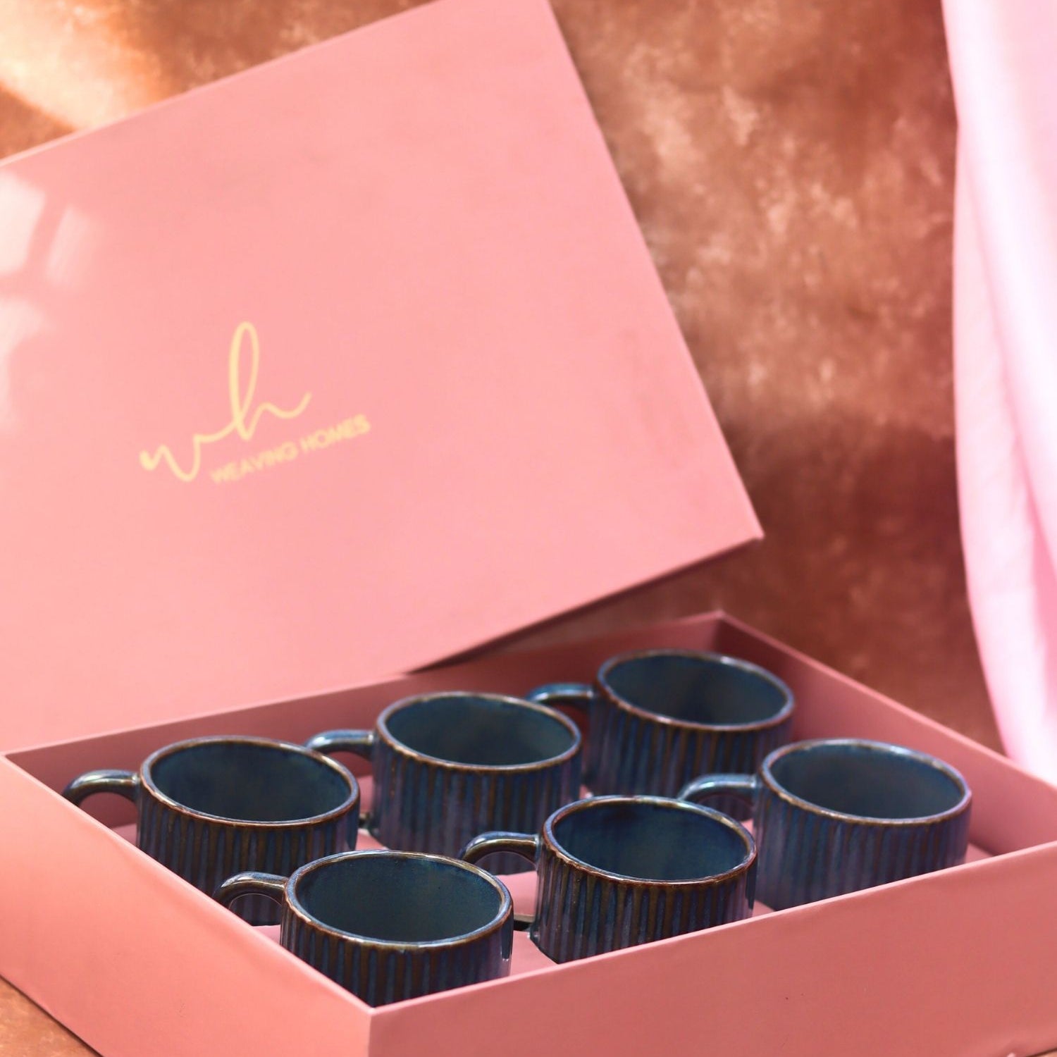 Set of 6 - Deep Sea Blue Tea Cups in a gift box made by ceramic