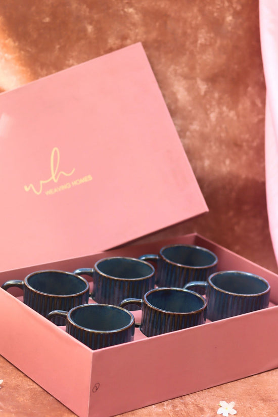 Set of 6 - Deep Sea Blue Tea Cups in a gift box made by ceramic