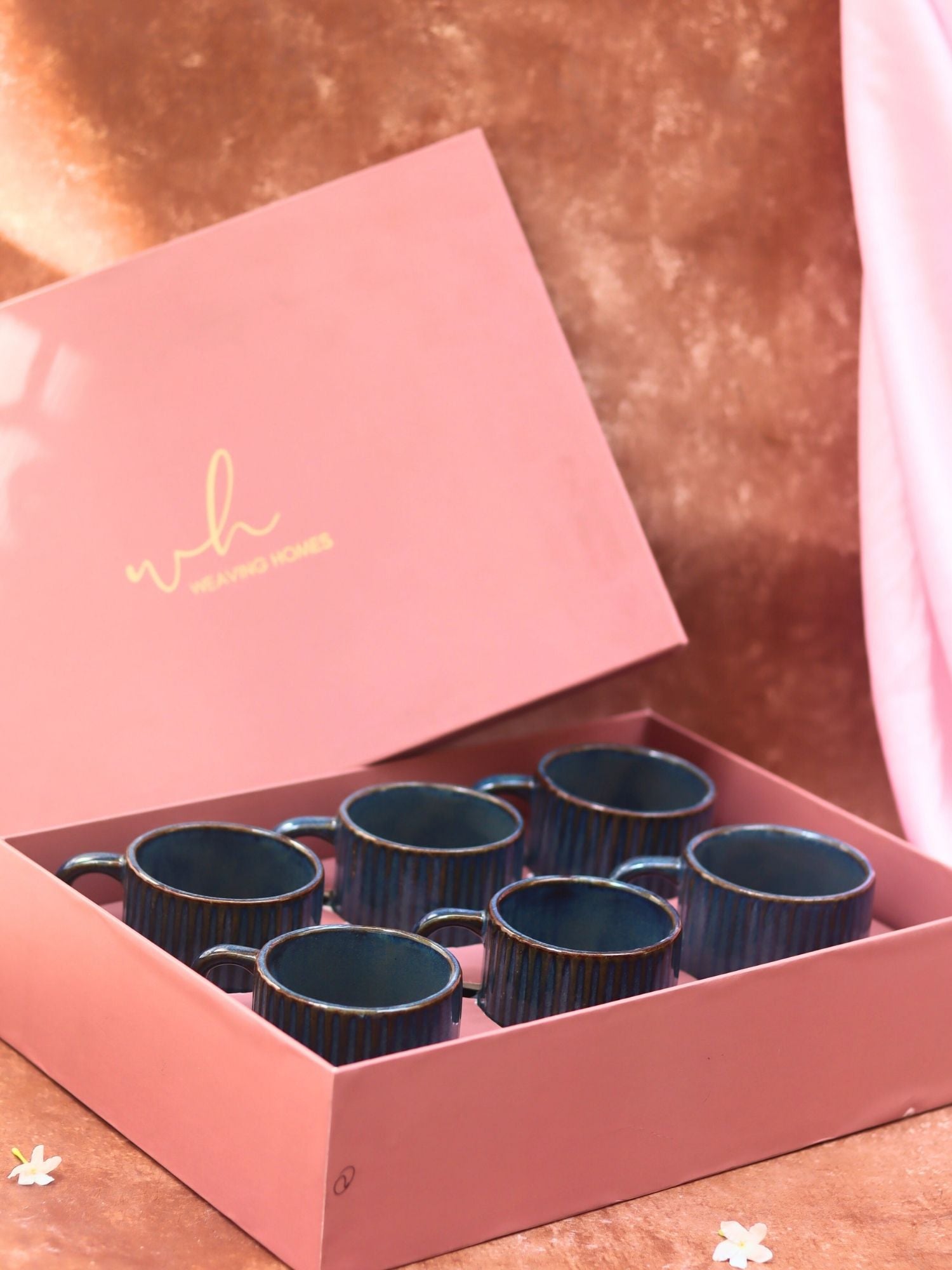 Set of 6 - Deep Sea Blue Tea Cups in a gift box made by ceramic