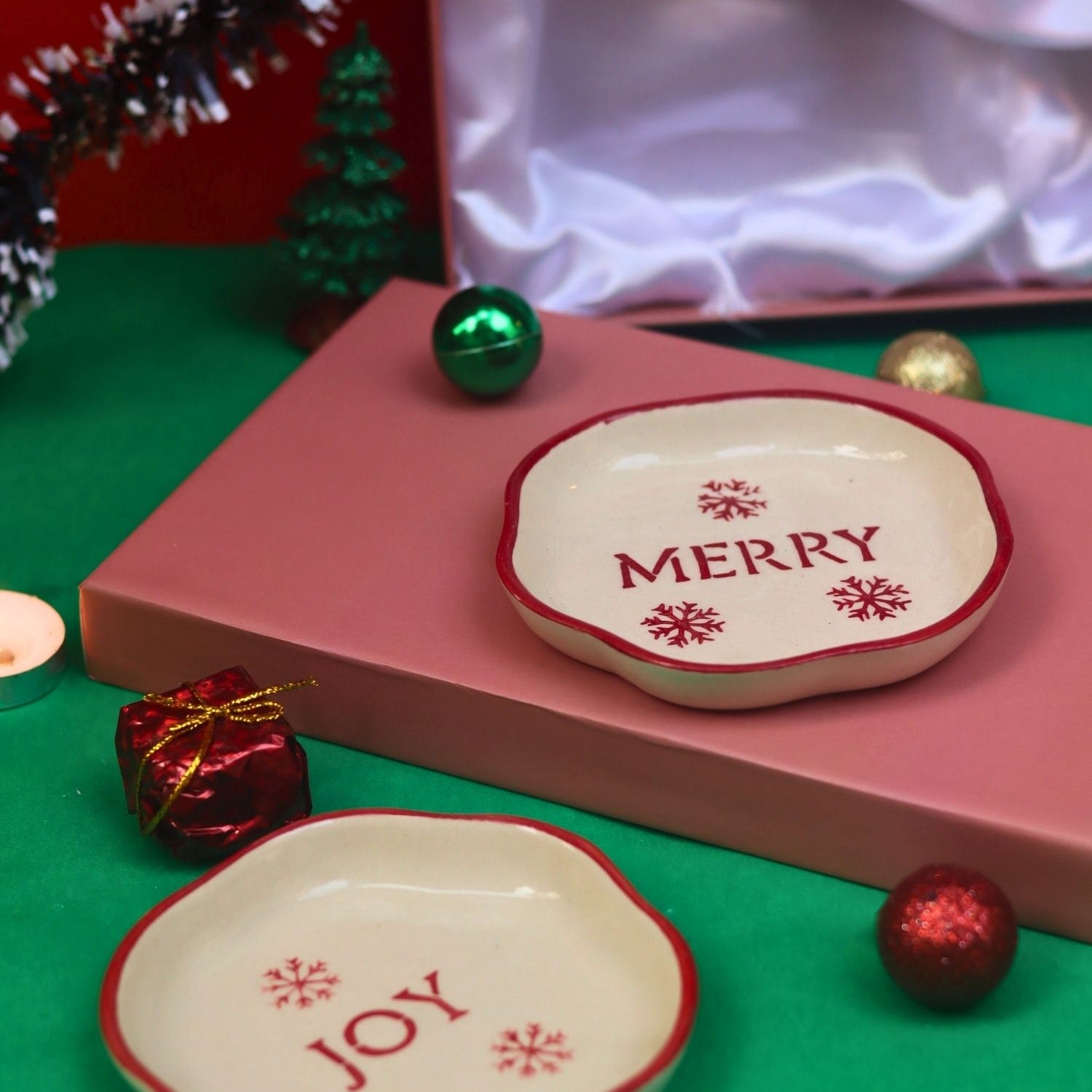 handmade lead free Joy  & Merry Handmade Dessert plate in a Gift Box
