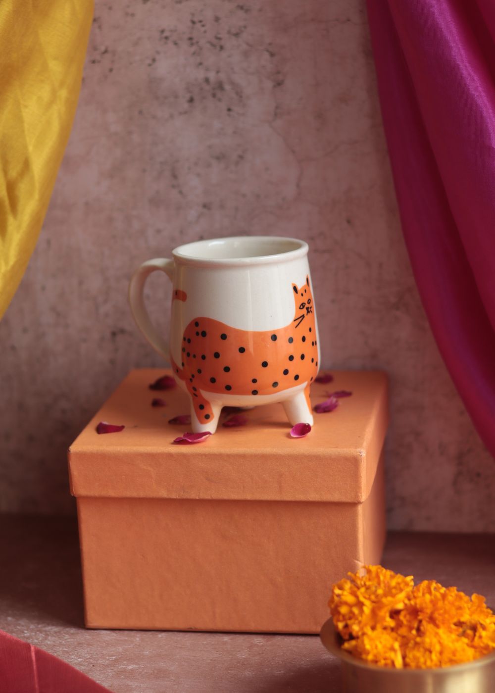 Cat Mug - Orange Diwali Gift Box handmade in india