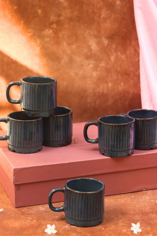 Set of 6 - Deep Sea Blue Tea Cups in a gift box handmade in india