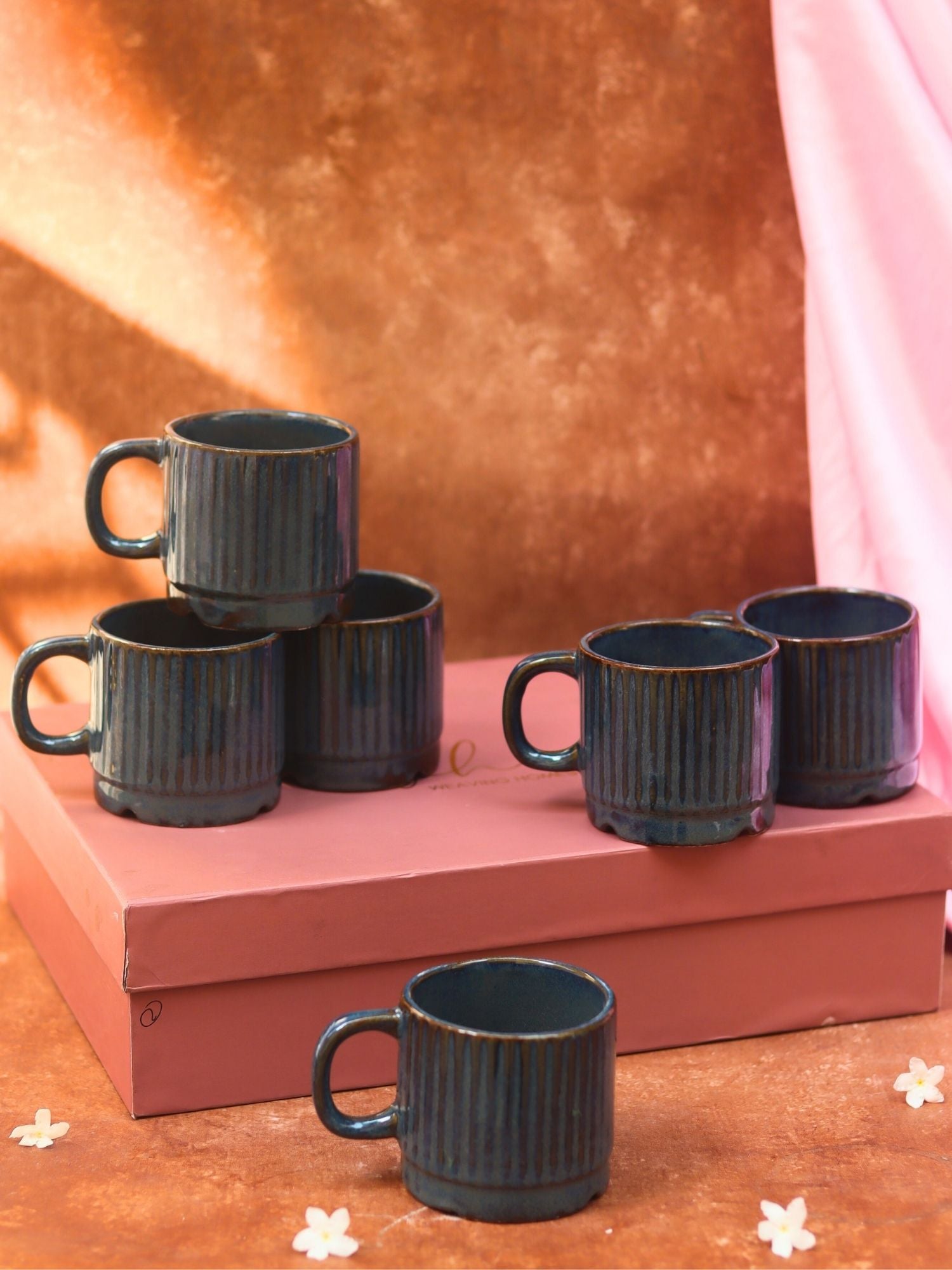 Set of 6 - Deep Sea Blue Tea Cups in a gift box handmade in india