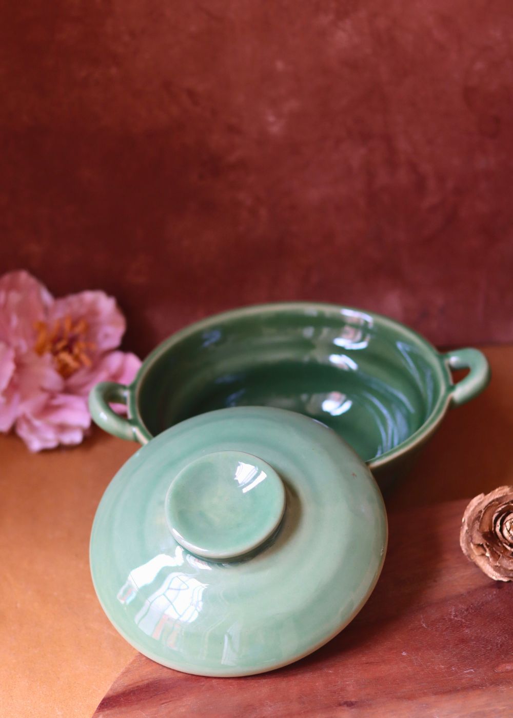 Green Curry Bowl with Lid handmade in India