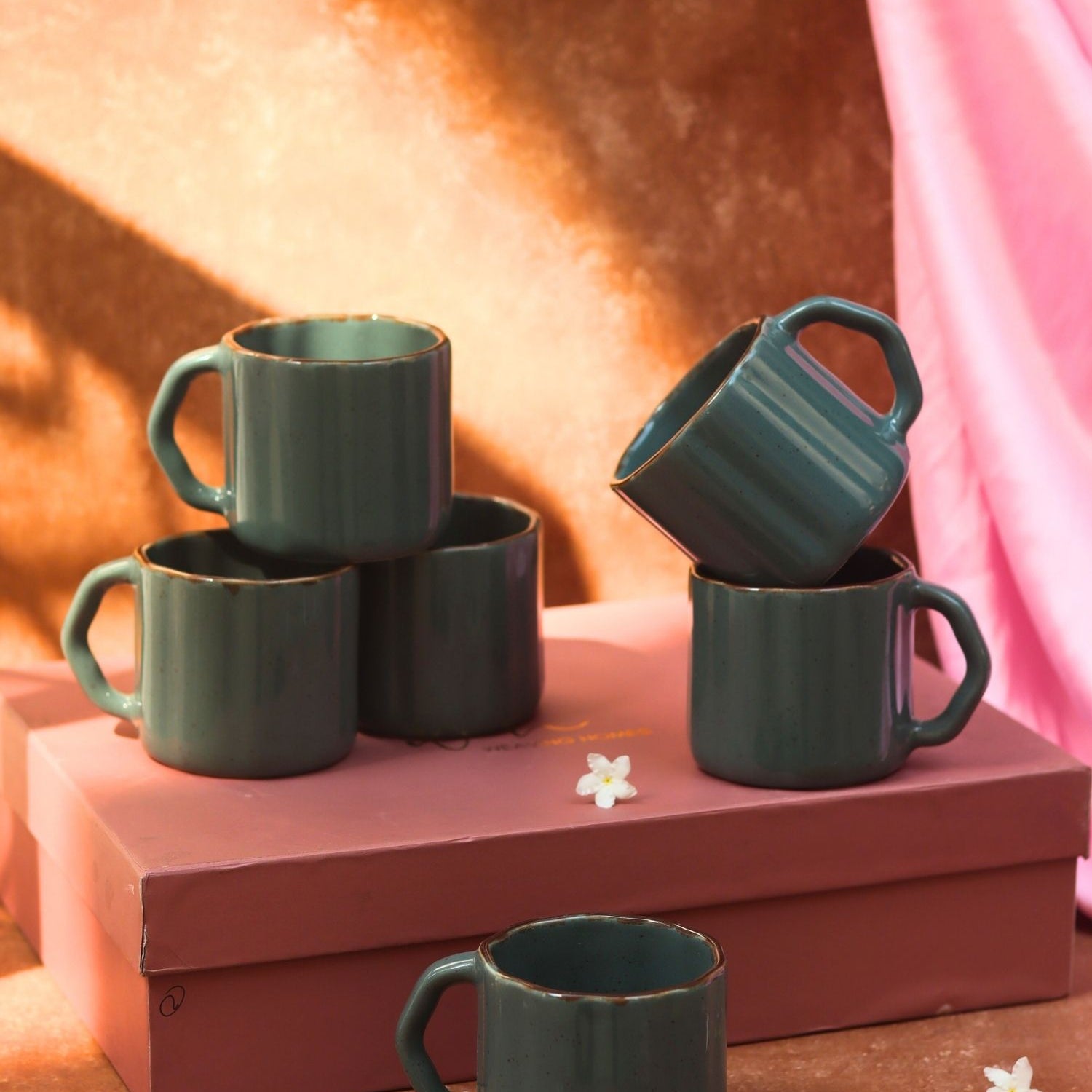 Set of 6 - Deep Green Forest Tea Cups in a gift box made by ceramic