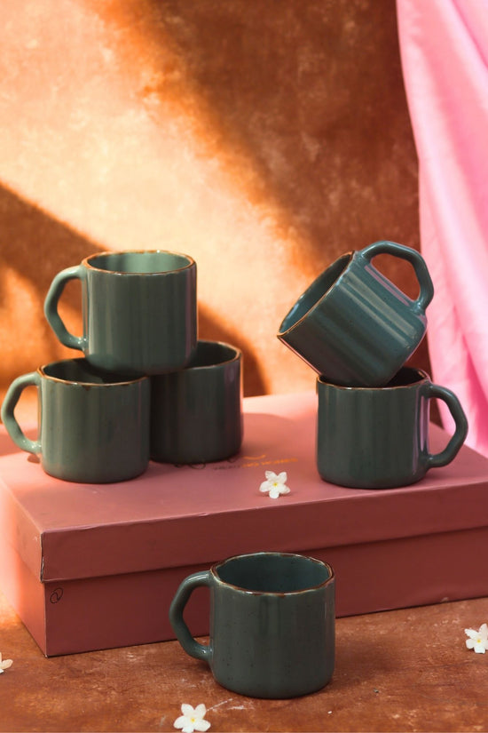 Set of 6 - Deep Green Forest Tea Cups in a gift box made by ceramic