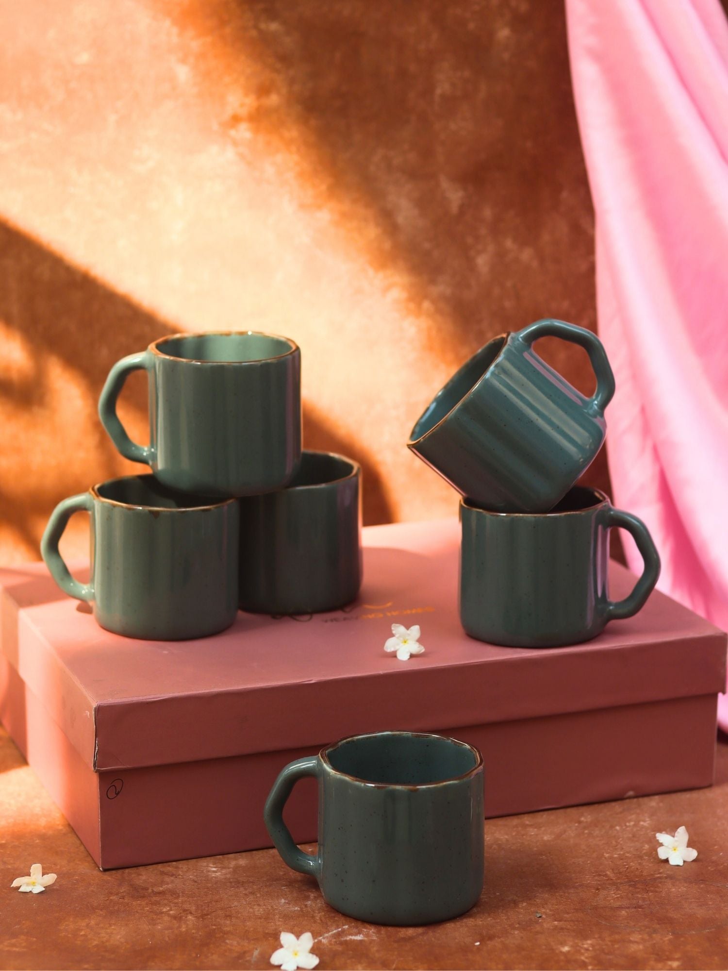 Set of 6 - Deep Green Forest Tea Cups in a gift box made by ceramic