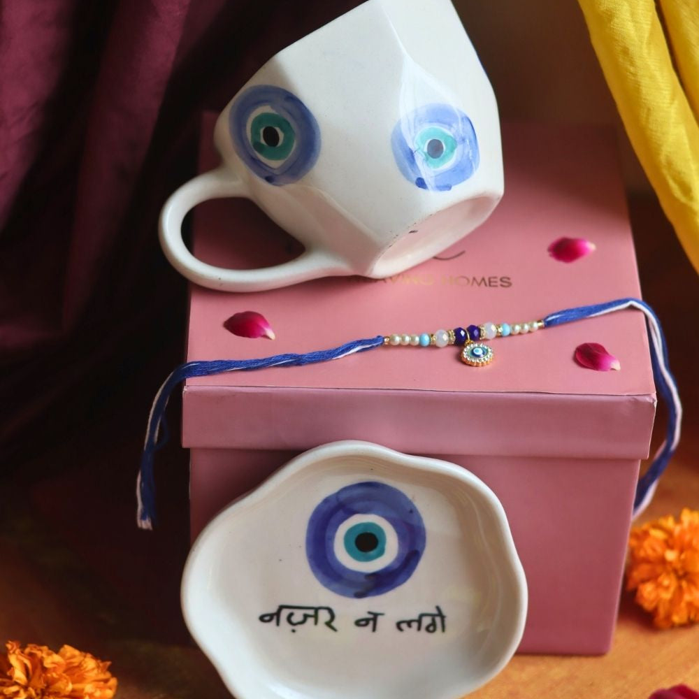 Evil Eye Mug & Evil Eye Dessert Plate Rakhi Gift Box made by ceramic