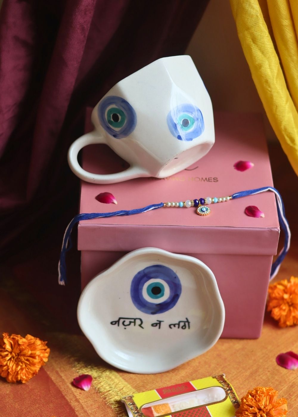 Evil Eye Mug & Evil Eye Dessert Plate Rakhi Gift Box made by ceramic