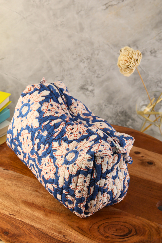 Block Printed Dark Blue Floral Toiletry Bag -  Small