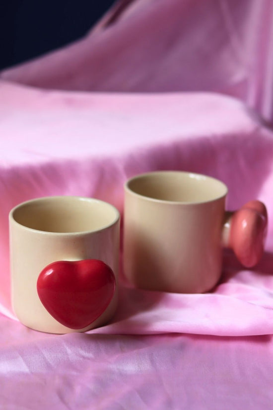 Set of 2 - Red & Pink Heartbeat Coffee Mugs handmade in india